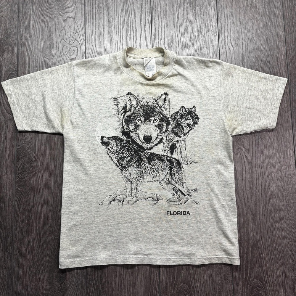Vintage 1990s Wolf Nature Baby Tee Shirt Grey Florida XSmall XS